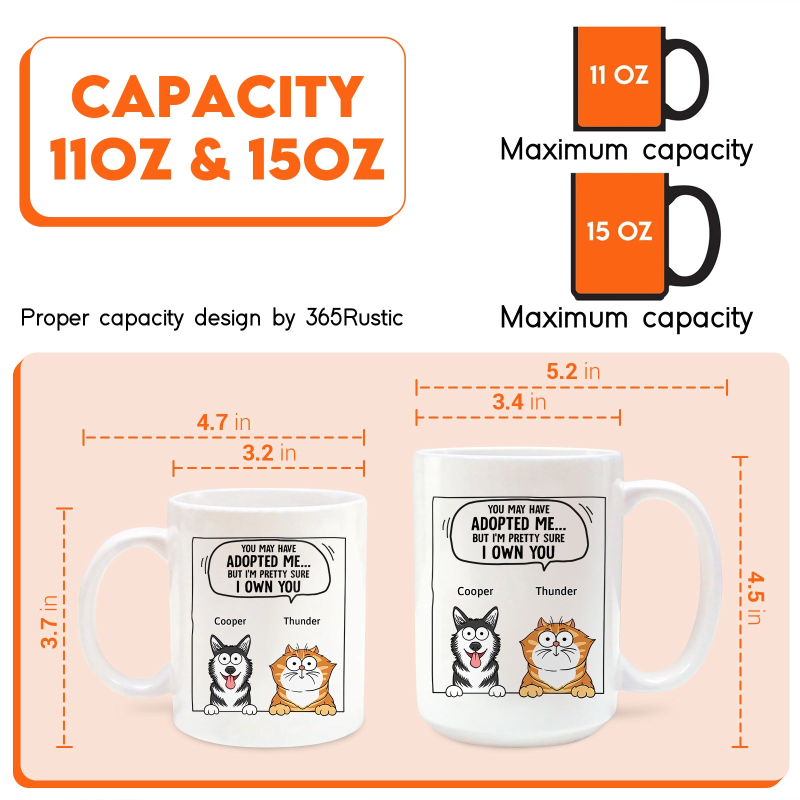 365Gifty pet lover personalized mug showing 11oz and 15oz white ceramic mugs with cartoon dog and cat and ownership quote