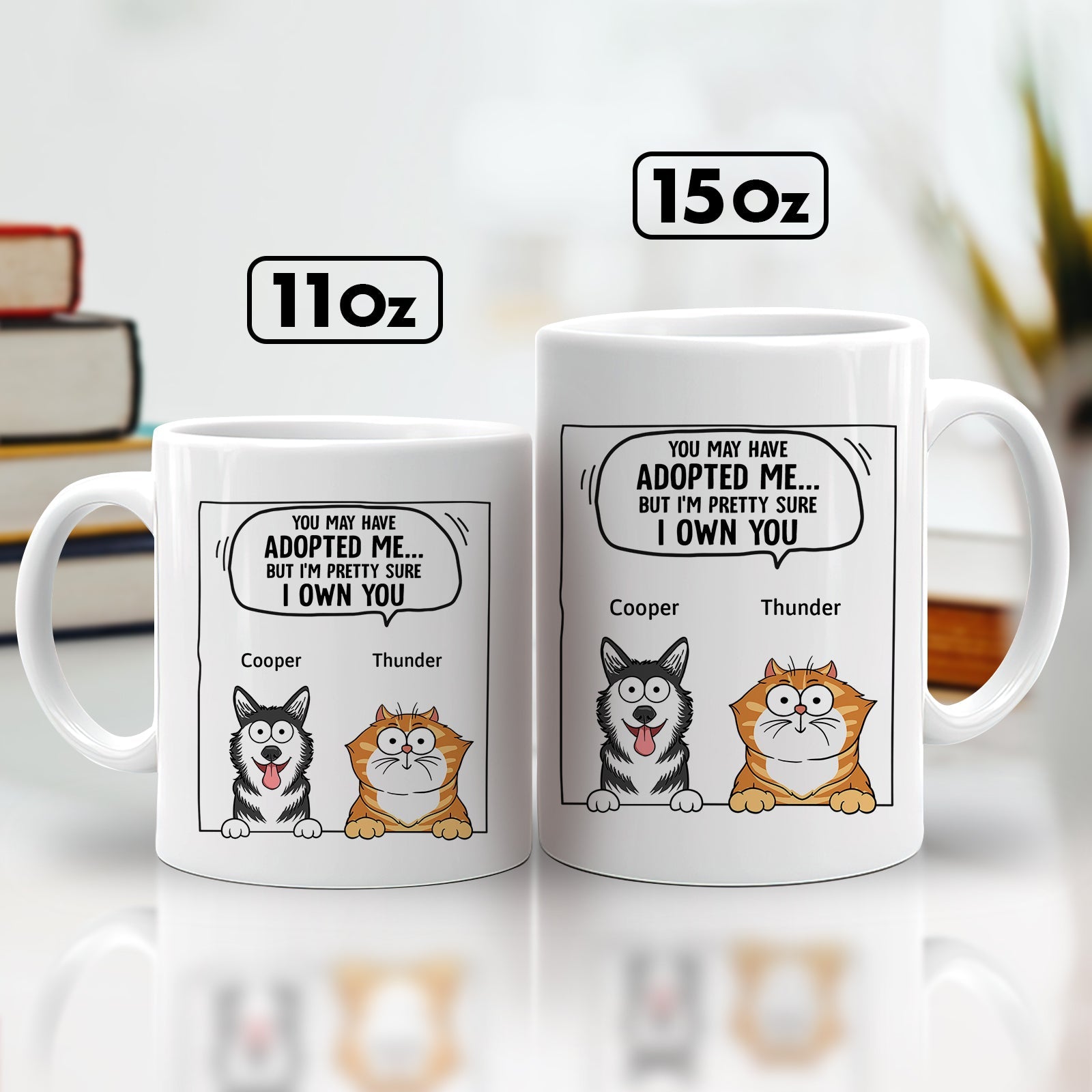 365Gifty pet lover personalized mug with cartoon dog Cooper and cat Thunder on white 11oz and 15oz mugs