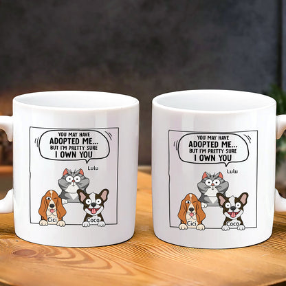 365Gifty pet lover personalized mug with cartoon cat and two dogs and caption You may have adopted me but I own you