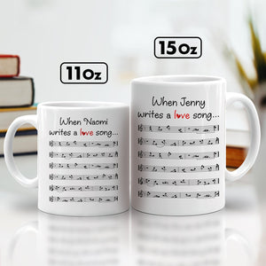 365Gifty romantic custom coffee mug set white 11oz and 15oz with personalized names and sheet music design