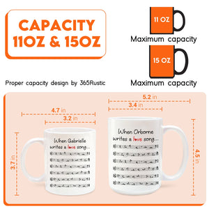 White personalized 11 oz and 15 oz mugs with sheet music and name text by 365Gifty romantic custom coffee mug