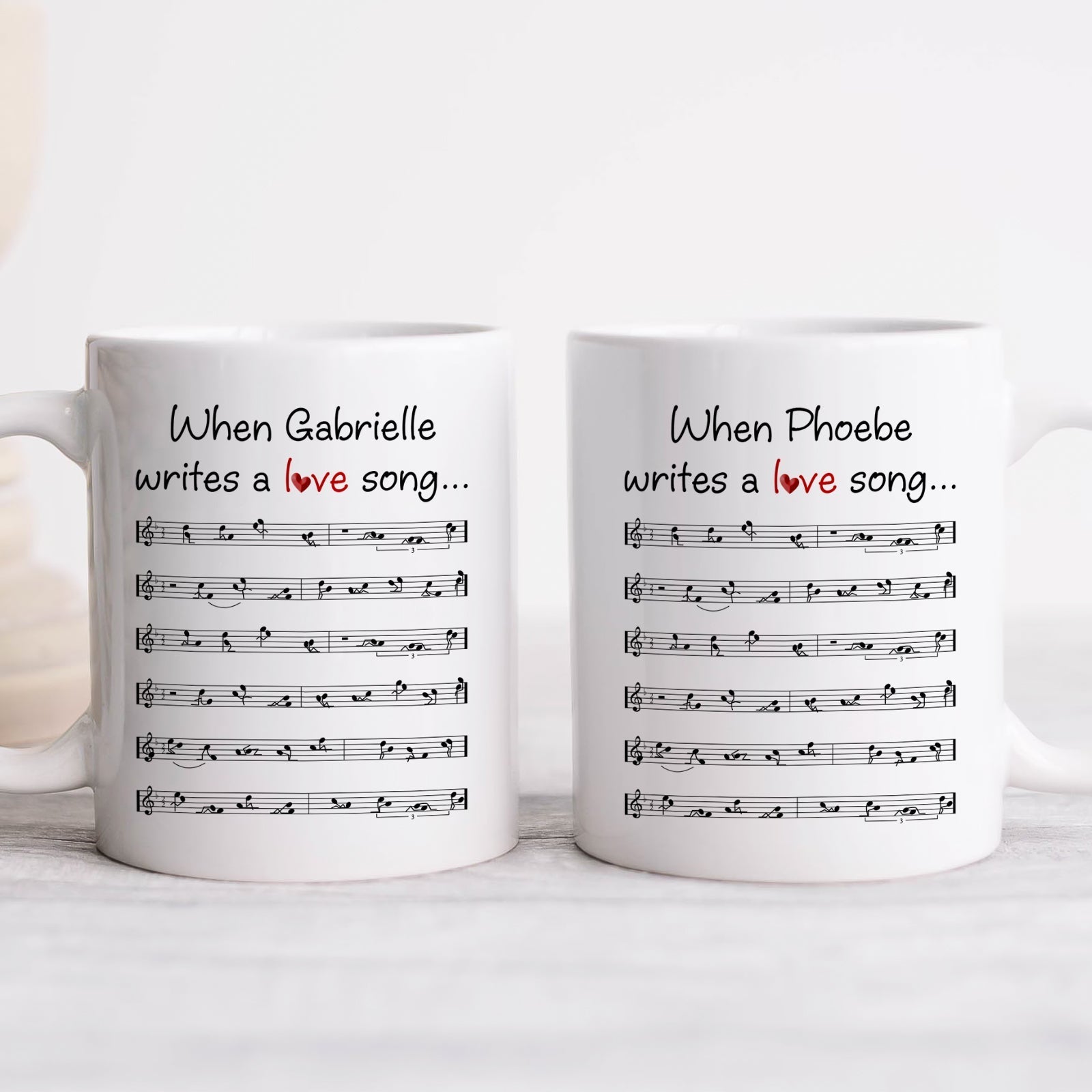 365Gifty romantic custom coffee mug set two white ceramic mugs with personalized names and sheet music love song design