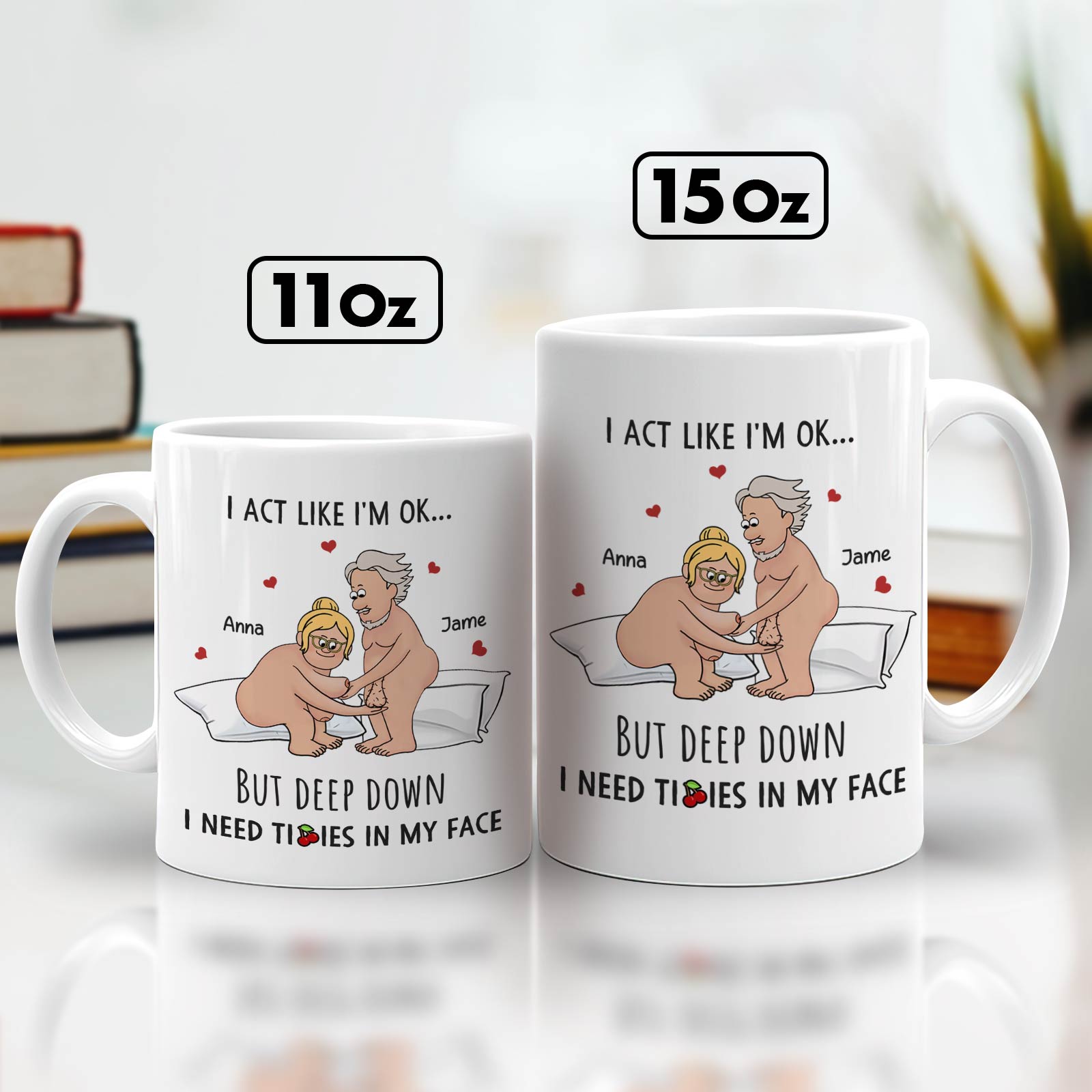 White 11oz and 15oz mugs with cheeky older couple cartoon and funny quote romantic personalized gift for him and her