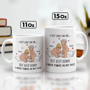 White 11oz and 15oz mugs with cheeky older couple cartoon and funny quote romantic personalized gift for him and her