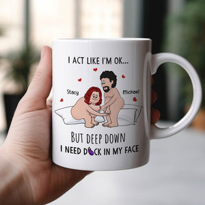 Ceramic mug with cheeky cartoon nude couple and names Stacy and Michael humorous quote romantic personalized gift for him and her