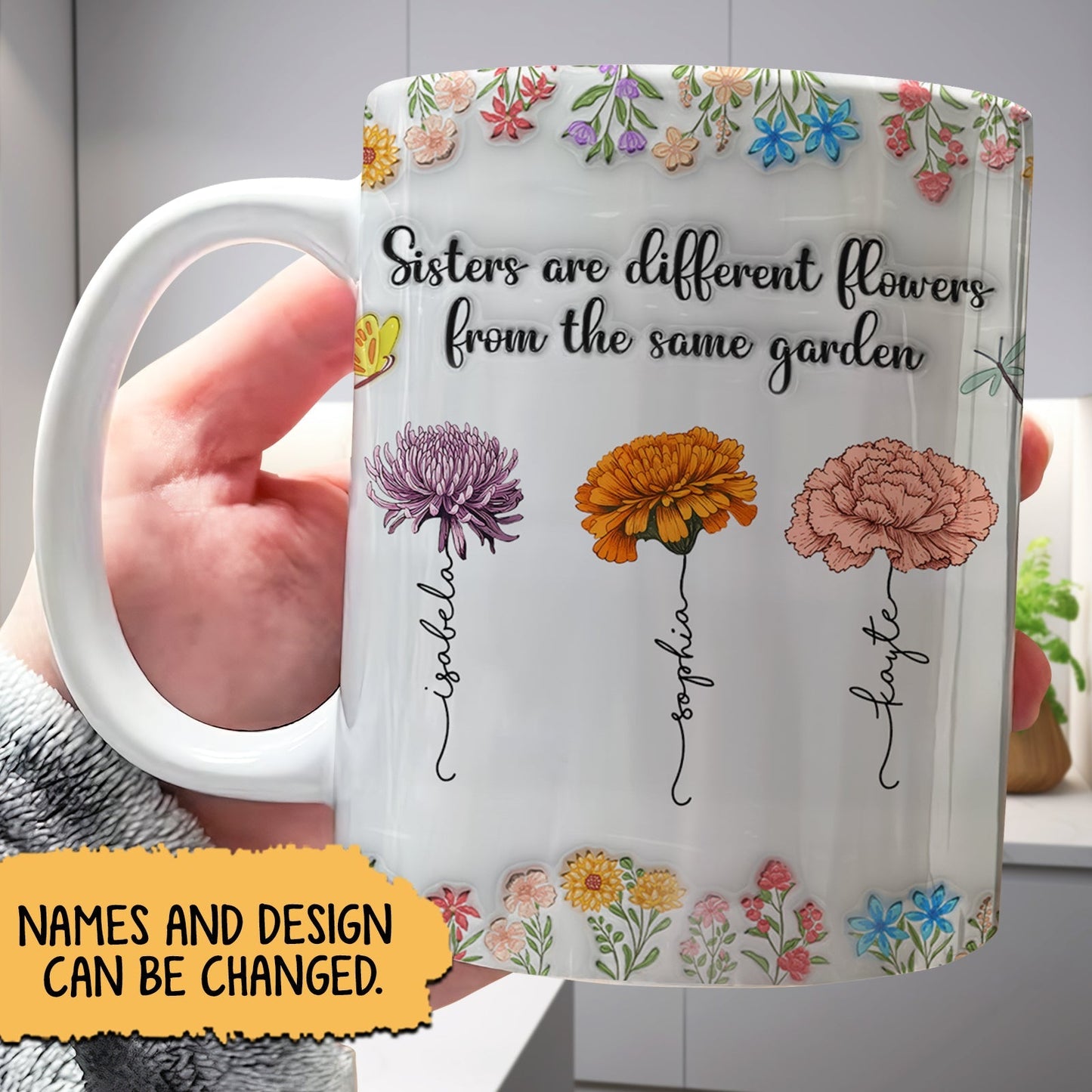 365Gifty sisters are different flowers mug white ceramic with three hand drawn flowers floral border and names
