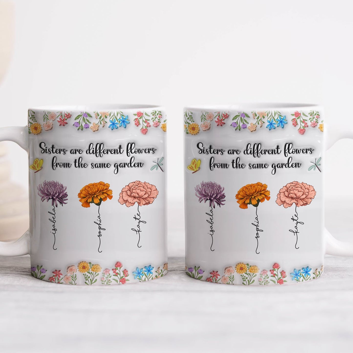 365Gifty white ceramic sisters are different flowers mug set with three floral illustrations and quote