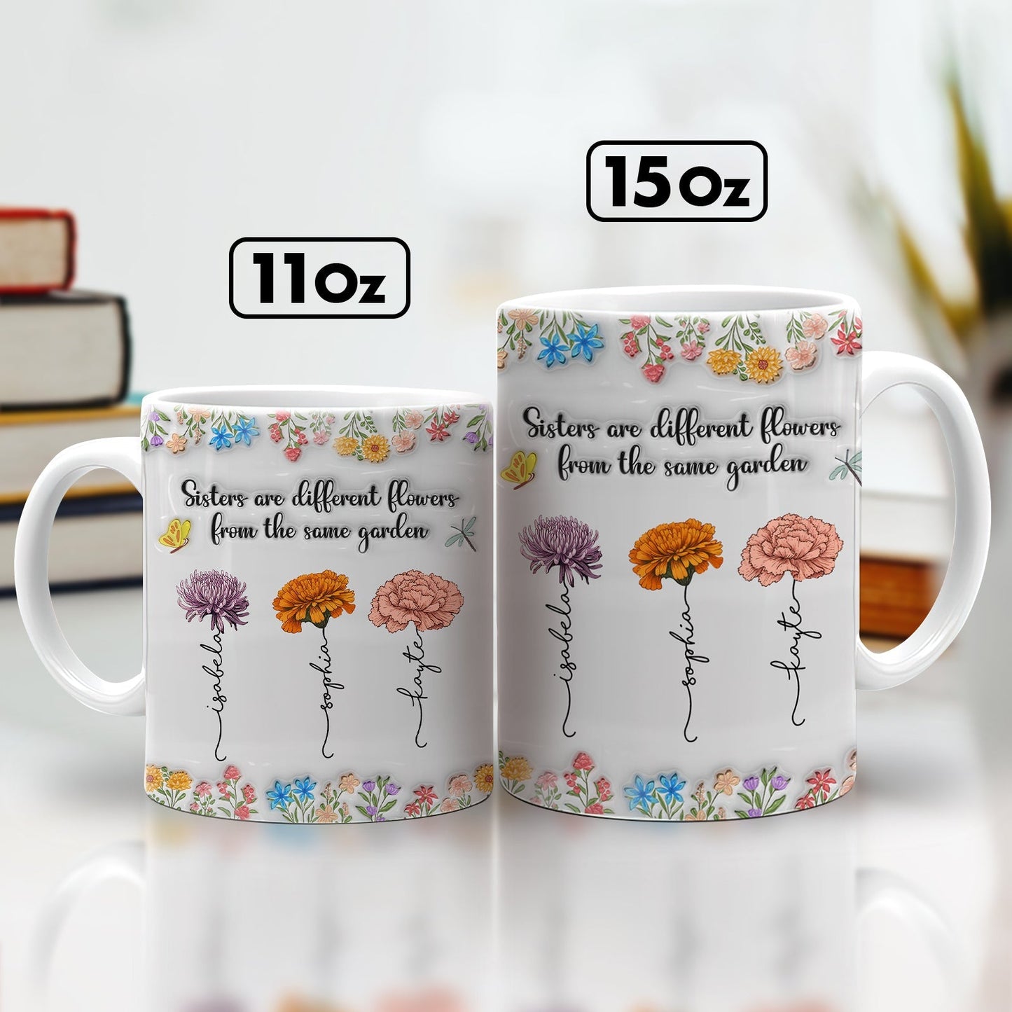365Gifty sisters are different flowers mug set 11oz and 15oz white ceramic with colorful floral print