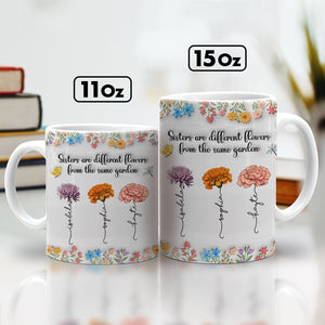 365Gifty sisters are different flowers mug set 11oz and 15oz white ceramic with colorful floral print