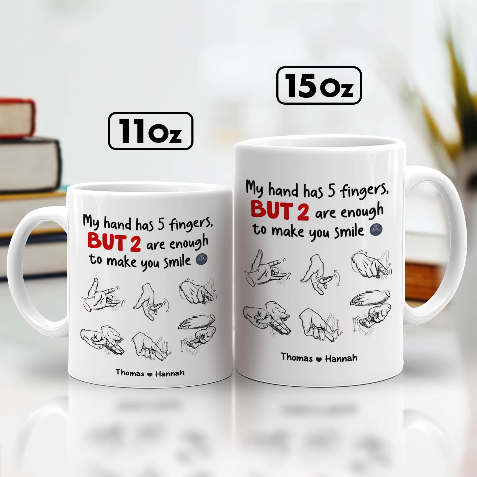 White 11oz and 15oz mugs with romantic hand illustrations and names Thomas and Hannah, unique anniversary gifts for couples