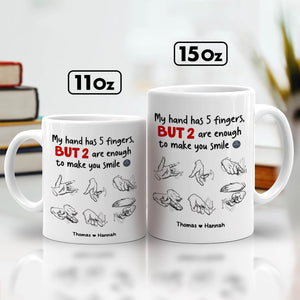 White 11oz and 15oz mugs with romantic hand illustrations and names Thomas and Hannah, unique anniversary gifts for couples