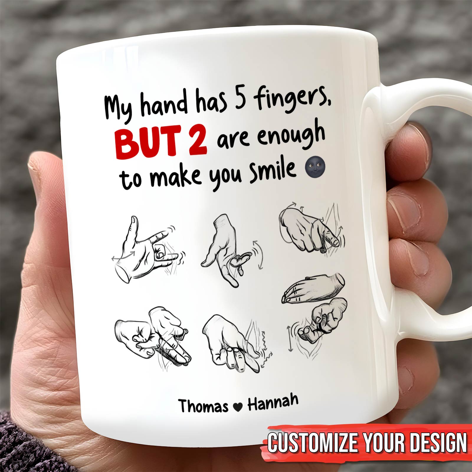 White mug with hand gesture sketches and text about two fingers making you smile unique anniversary gifts for couples
