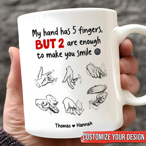 White mug with hand gesture sketches and text about two fingers making you smile unique anniversary gifts for couples