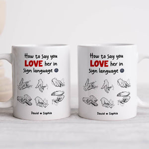 Personalized white couple mugs with sign language LOVE print and custom names unique anniversary gifts for couples