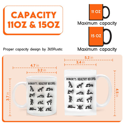 365Gifty unique couples gift mug showing two white ceramic mugs Roberts Healthy Recipe print with 11 oz and 15 oz dimensions