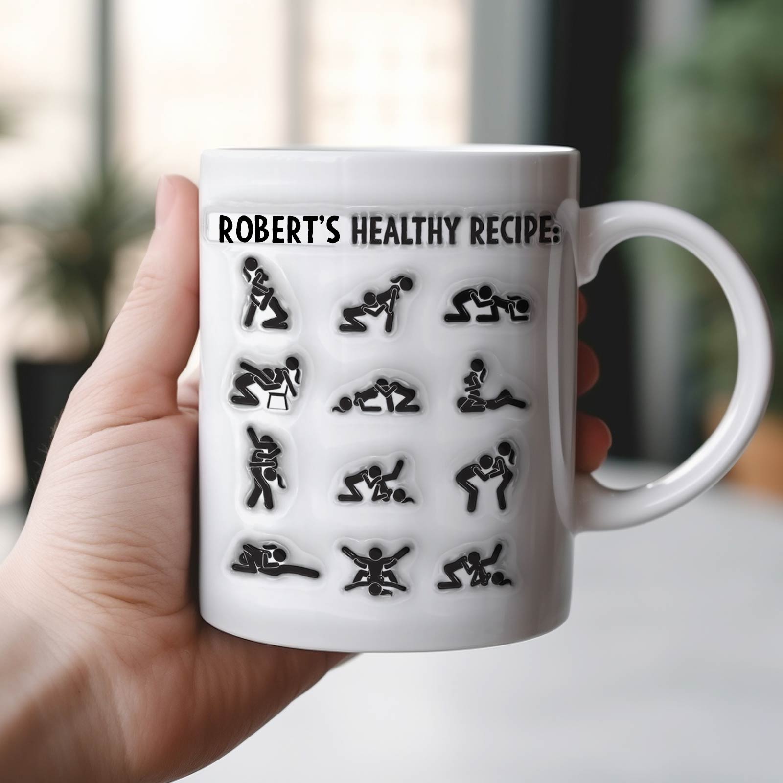 White 365Gifty unique couples gift mug showing Roberts Healthy Recipe with playful sex position icons