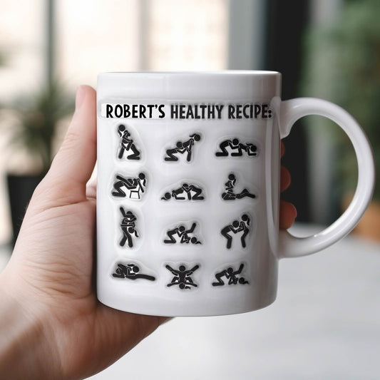 White 365Gifty unique couples gift mug showing Roberts Healthy Recipe with playful sex position icons