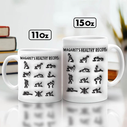 365Gifty white 11oz and 15oz mugs featuring playful stick figure couples in positions labeled as a recipe unique couples gift mug