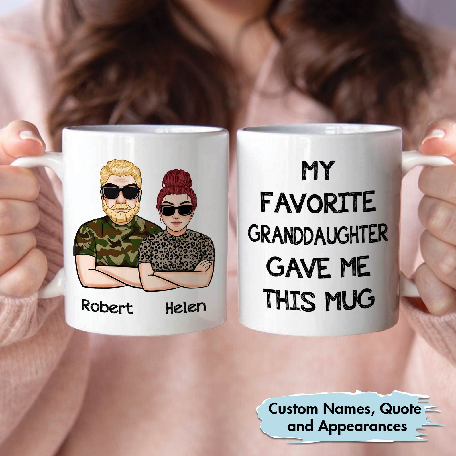 unique custom mug for grandparents showing two white mugs with illustrated grandparents named Robert and Helen and gift message