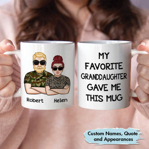 unique custom mug for grandparents showing two white mugs with illustrated grandparents named Robert and Helen and gift message