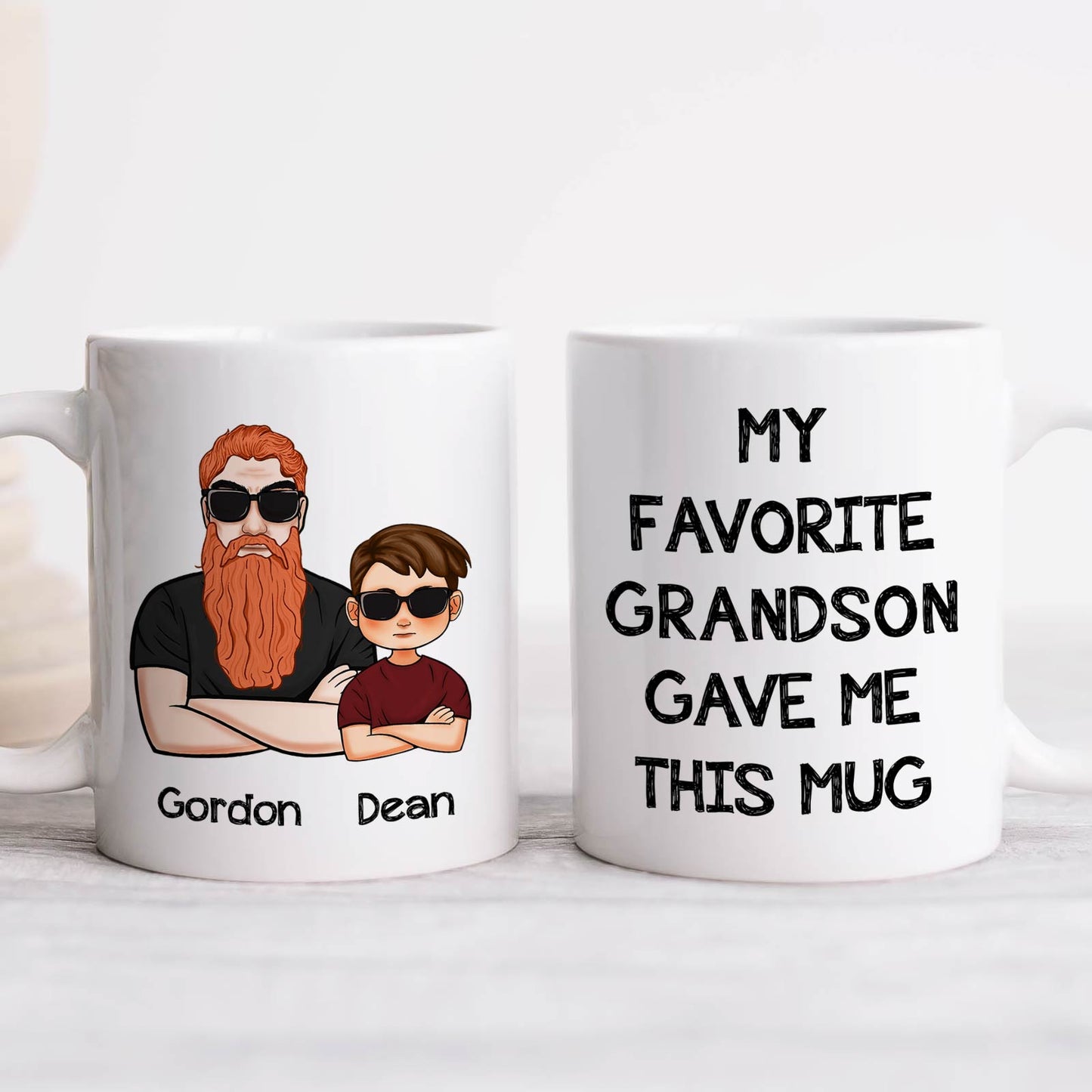 365Gifty unique custom mug for grandparents with cartoon bearded grandpa and grandson and bold printed message