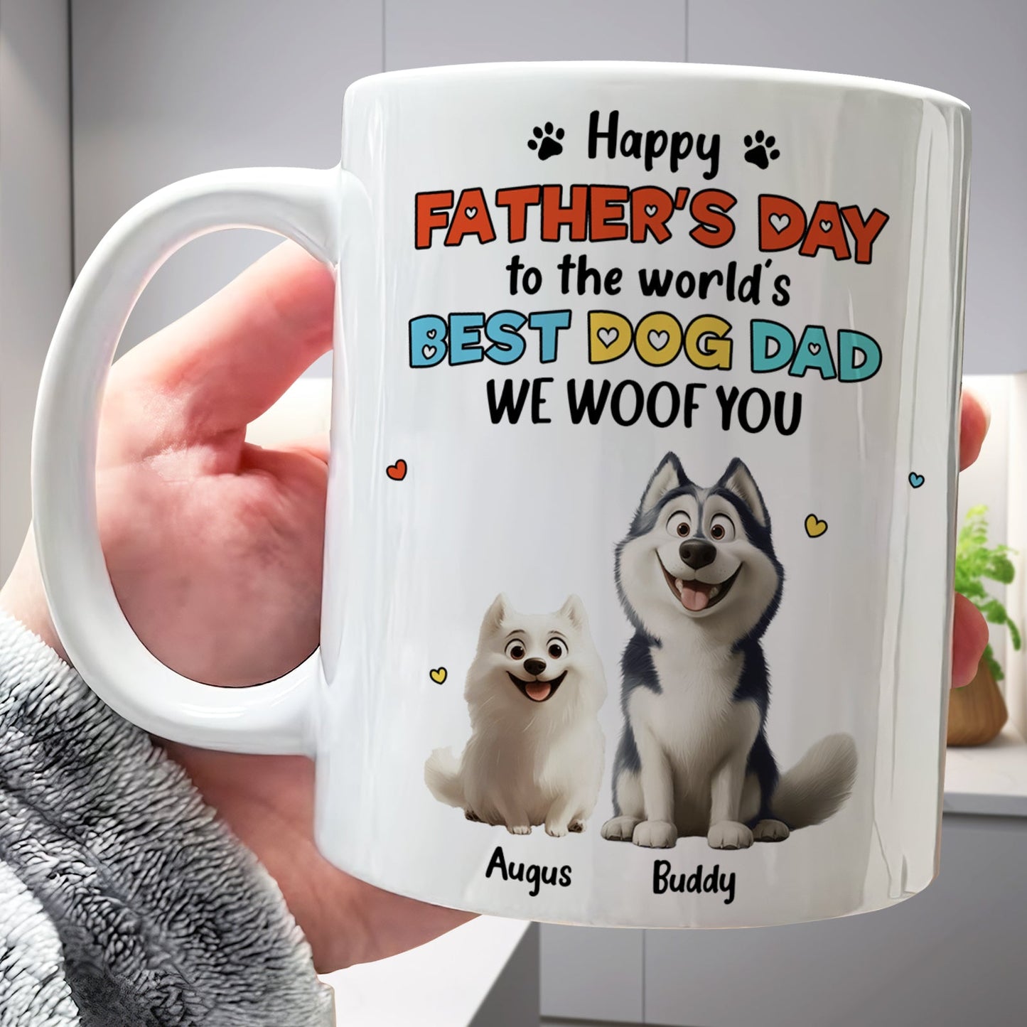 White ceramic mug showing husky and small white dog with Happy Fathers Day Best Dog Dad names unique dog dad gift idea