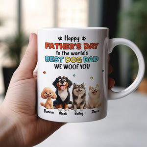 Handheld white mug with four cartoon dogs and personalized names Happy Fathers Day message unique dog dad gift idea
