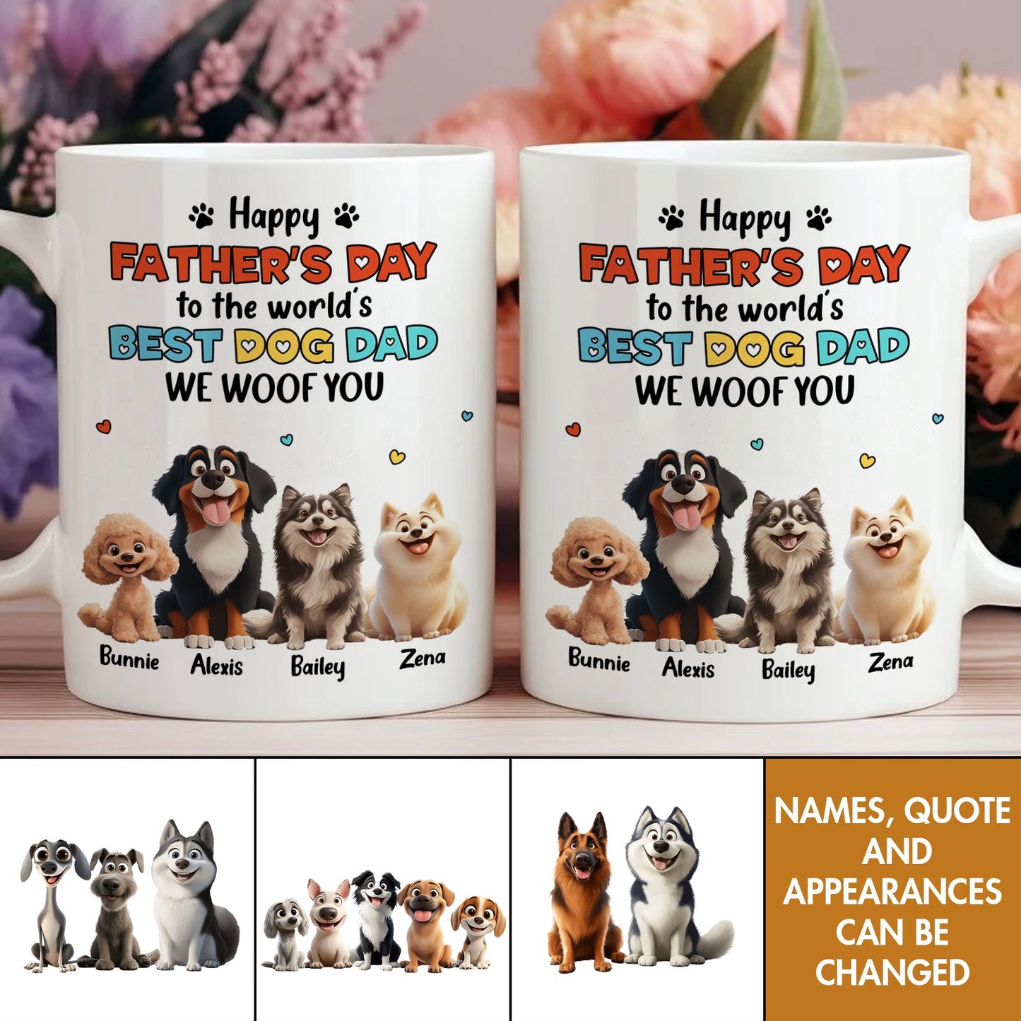 Two personalized 365Gifty Fathers Day mugs with cartoon dogs and names customizable unique dog dad gift idea