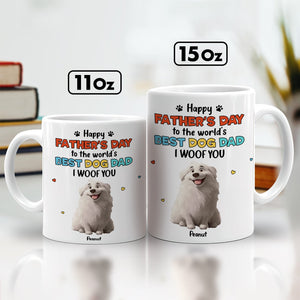 Two white 11oz and 15oz Fathers Day mugs with smiling white dog design personalized Peanut unique dog dad gift idea