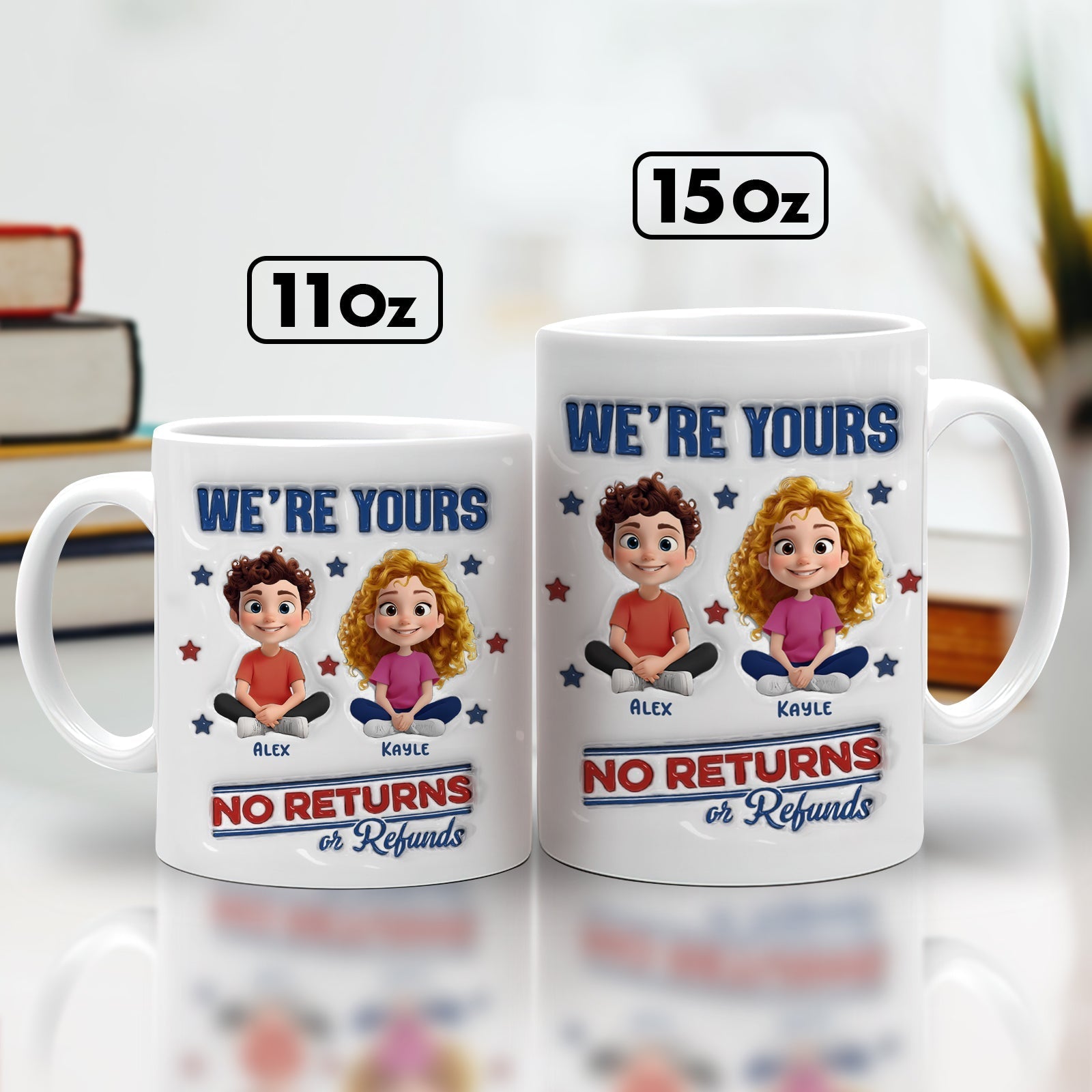 365Gifty unique family gift mug set 11oz and 15oz white mugs with cartoon boy and girl and personalized names Alex and Kayle