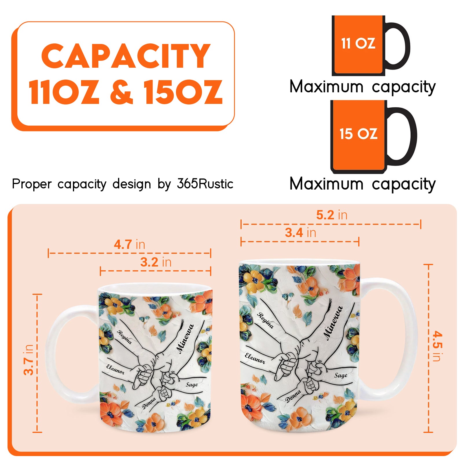 365Gifty unique family gift mug showing 11oz and 15oz floral mugs with linked pinky hands and measurements
