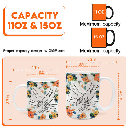 365Gifty unique family gift mug showing 11oz and 15oz floral mugs with linked pinky hands and measurements