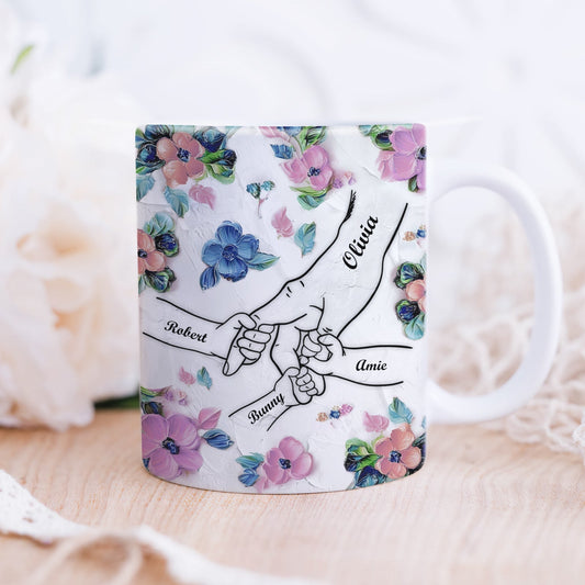 365Gifty personalized floral mug with four linked hands and names perfect unique family gift mug keepsake