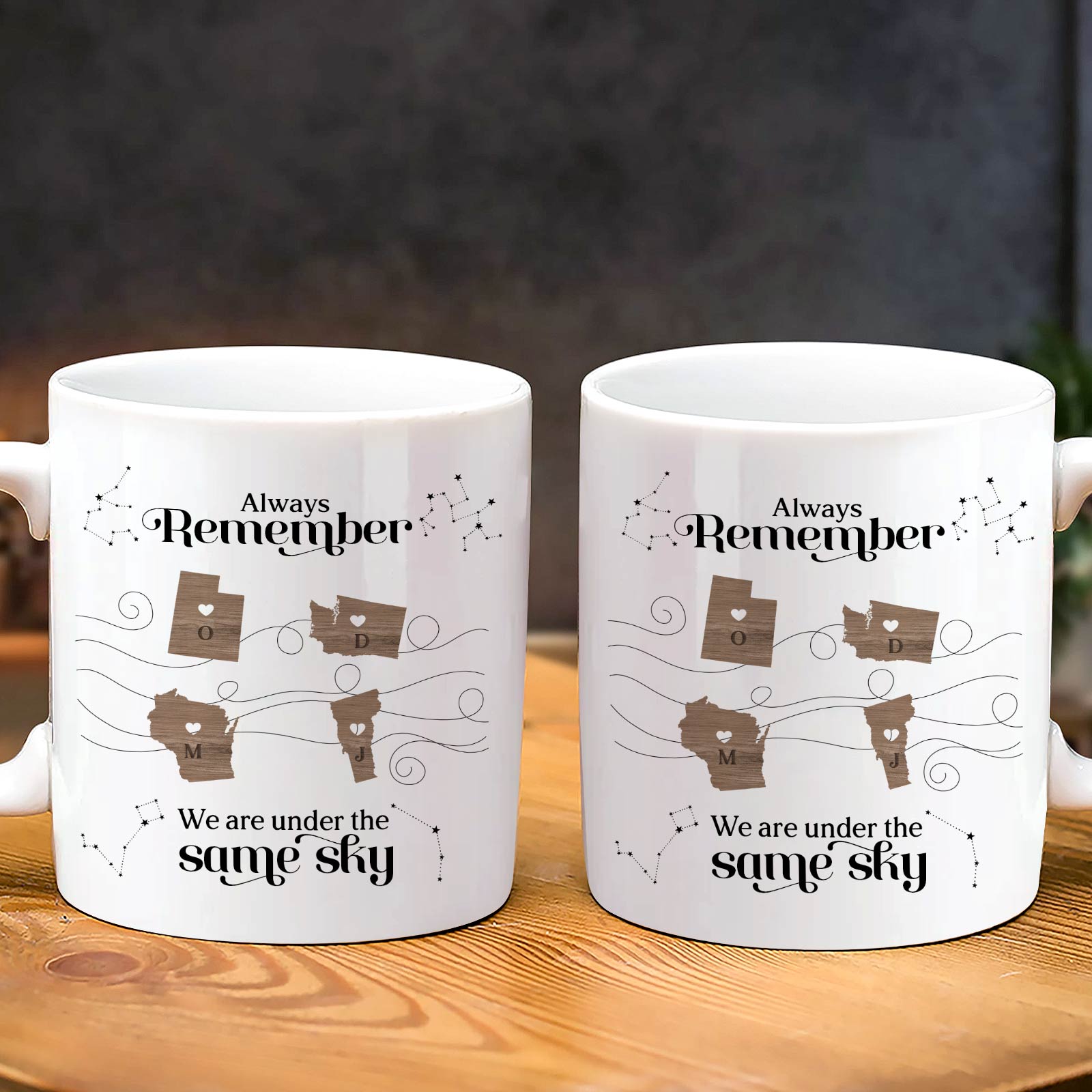 365Gifty white ceramic mugs set with state map design and same sky message unique gift for long distance friends