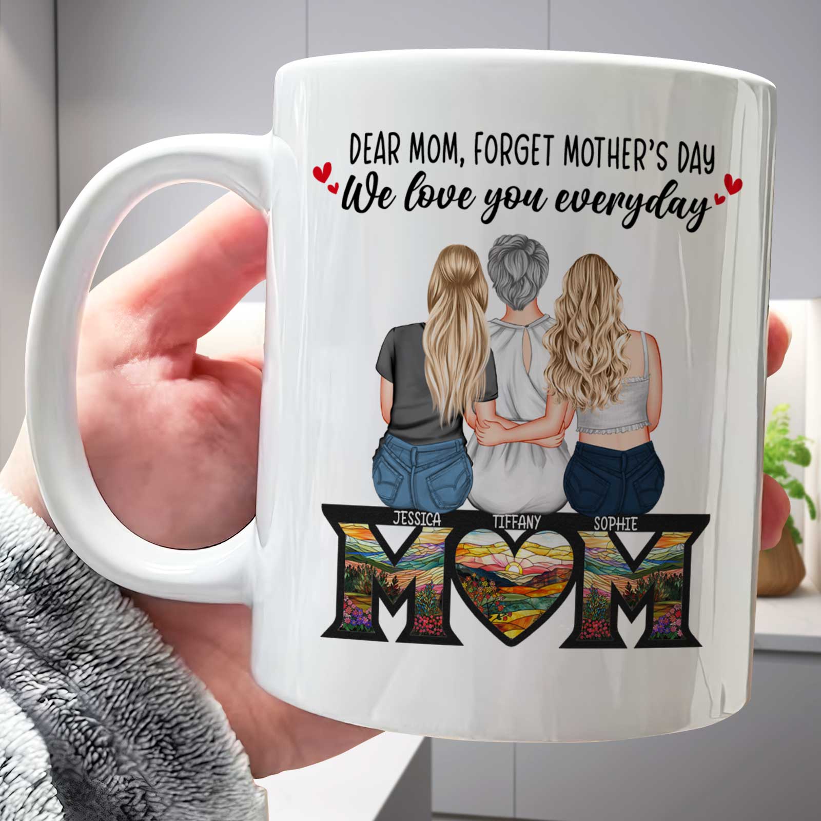 365Gifty personalized mug with three daughters hugging mom illustration unique gifts for mom from daughters