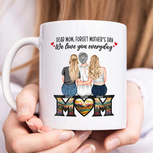 365Gifty white ceramic mug with illustration of three daughters hugging mom and text unique gifts for mom from daughters