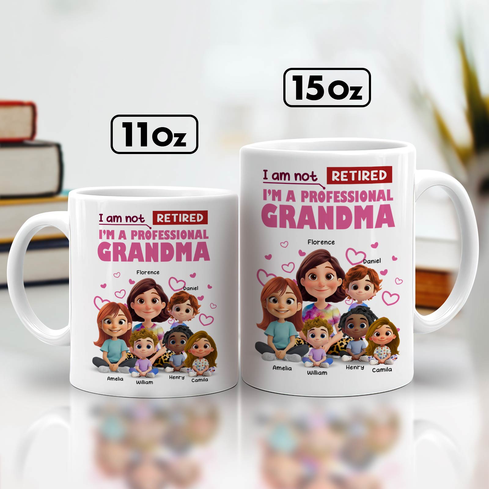 Personalized 11oz and 15oz ceramic mugs unique retirement gift for grandmother with cartoon grandma and grandkids