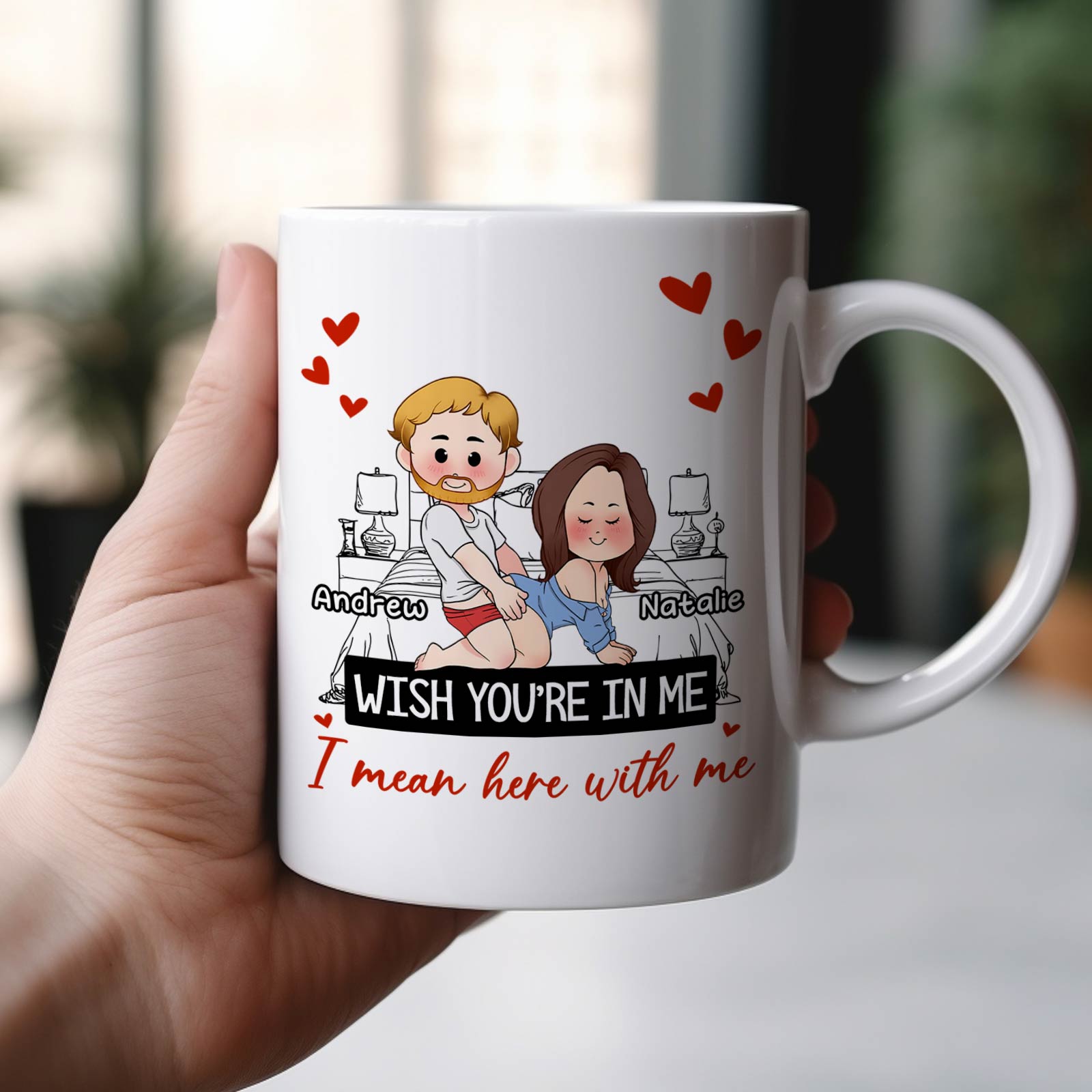 365Gifty white mug with cartoon couple Andrew and Natalie red hearts and wish you in me mug gift text