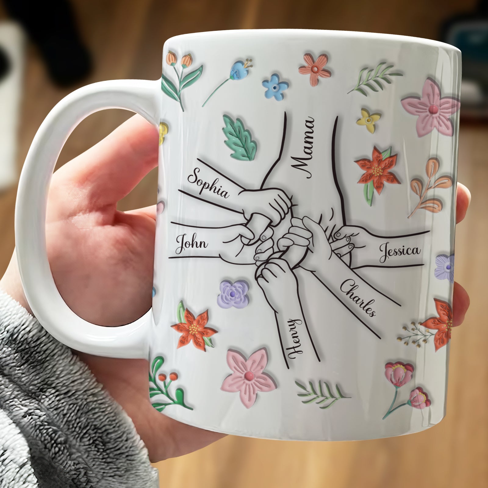 365Gifty family mug with hands joined and names surrounded by flowers you hold our hands also our hearts mug