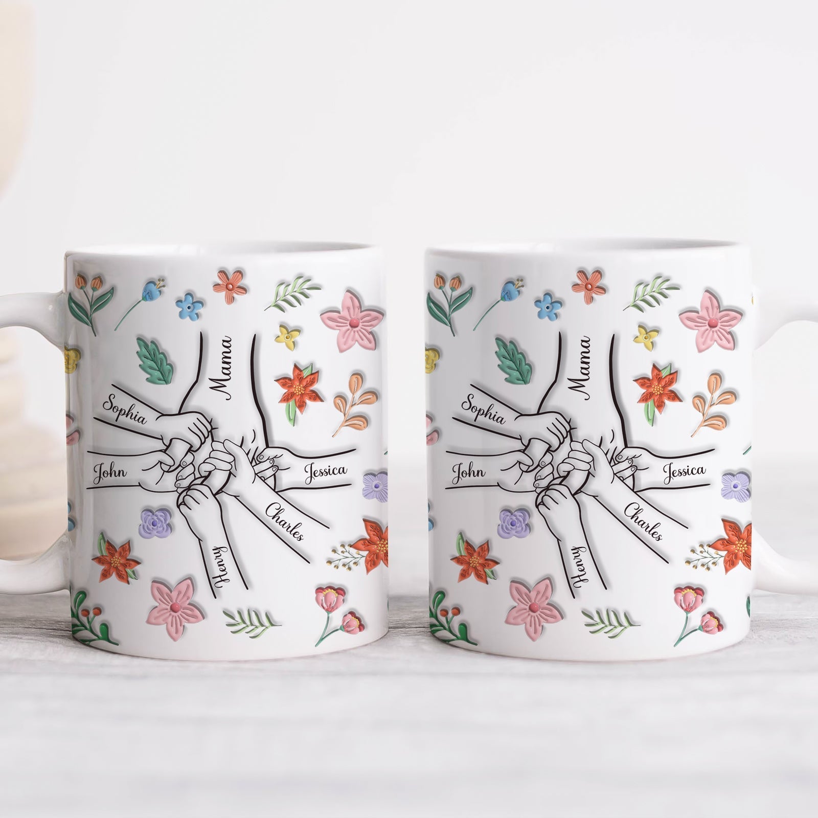 365Gifty you hold our hands also our hearts mug set featuring linked hands with personalized names and floral design