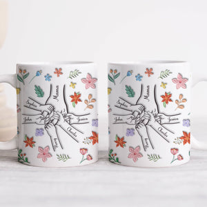 365Gifty you hold our hands also our hearts mug set featuring linked hands with personalized names and floral design