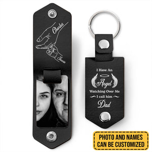 Family - I Have An Angel Watching Over Me, I Call Him Dad - Personalized Leather Photo Keychain