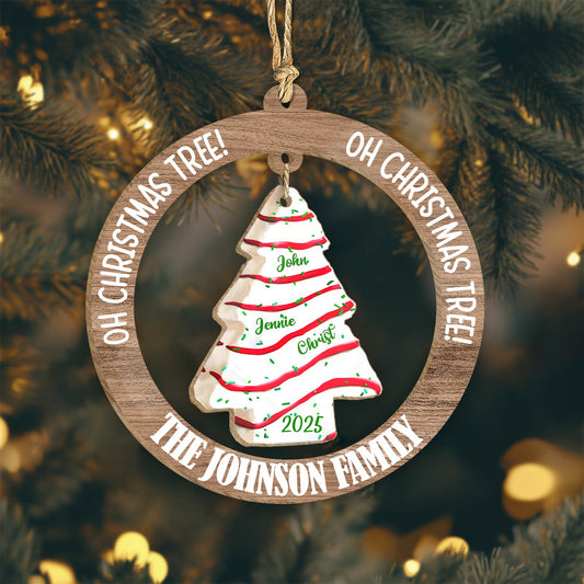 Personalized family Christmas ornament with names and year in a decorative tree shape