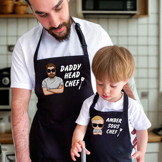 Father - Daddy Head Chef & Kid Sous Chef - Matching Personalized Aprons