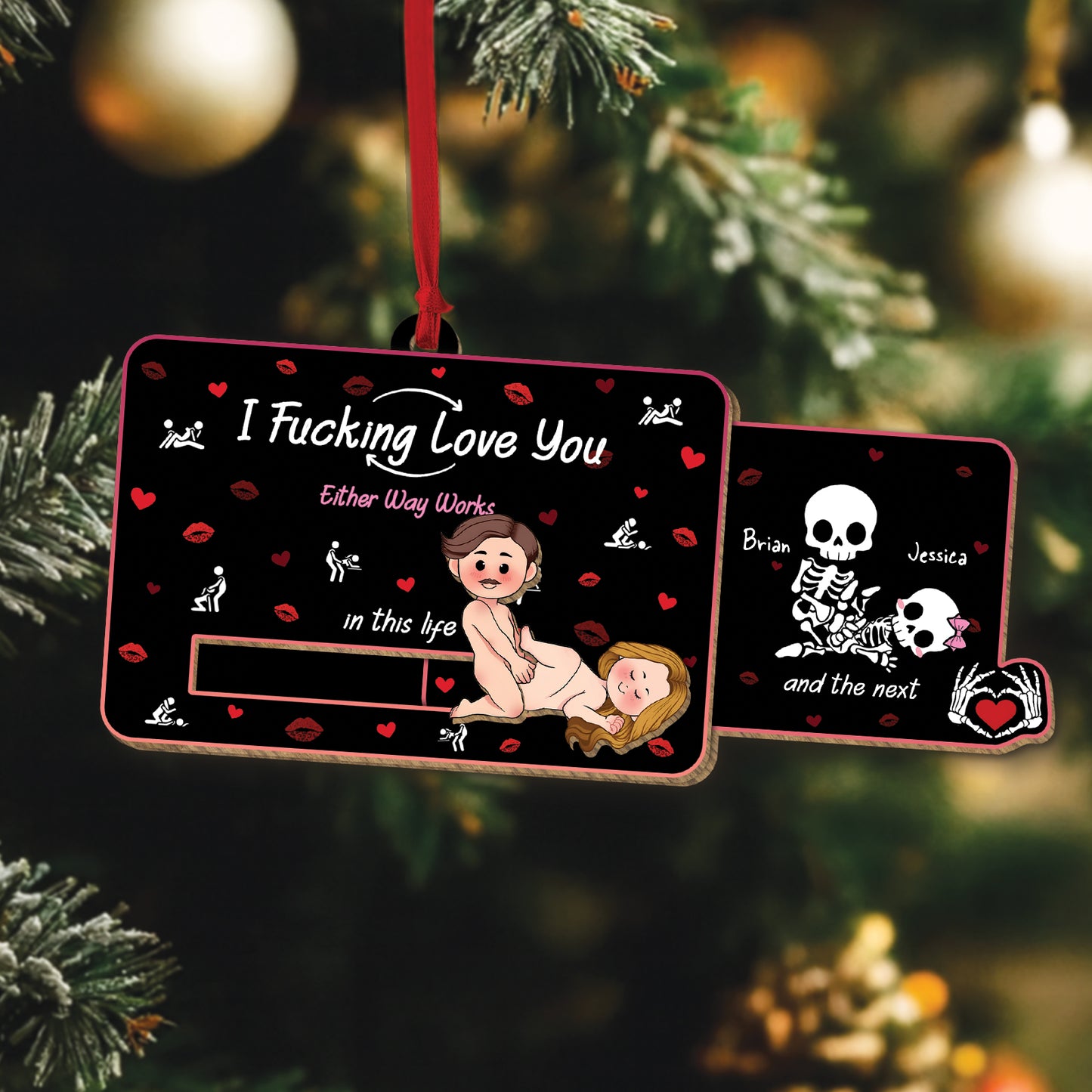 Personalized romantic wooden card featuring playful love message and illustrations for unique gifts