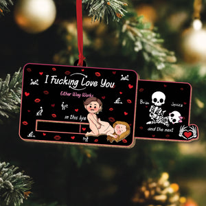 Personalized romantic wooden card featuring playful love message and illustrations for unique gifts