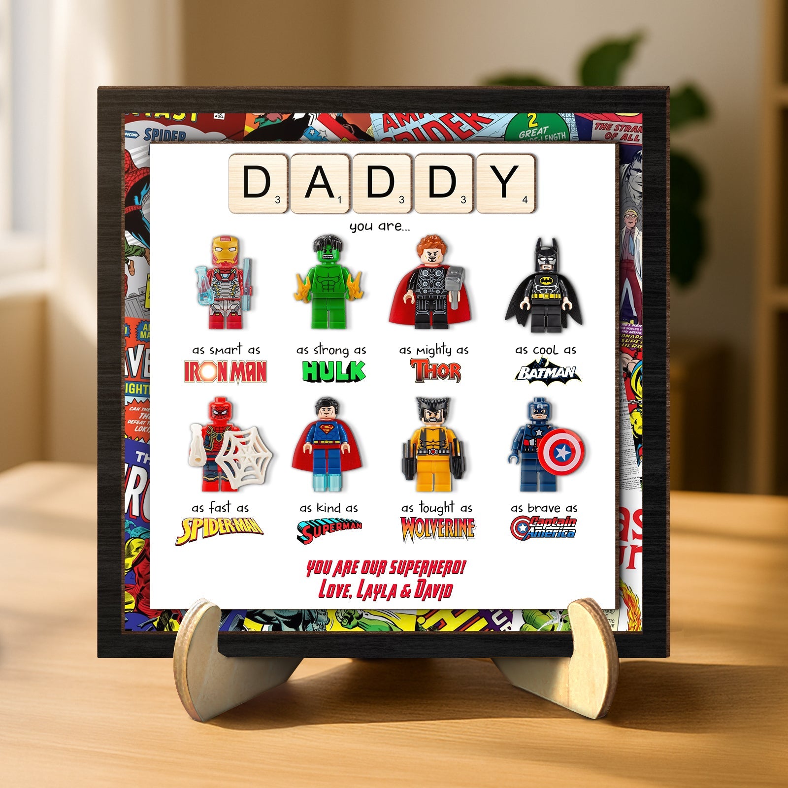 Father - Daddy, Our Superhero – Personalized LEGO-Inspired 3-Layer Wooden Sign