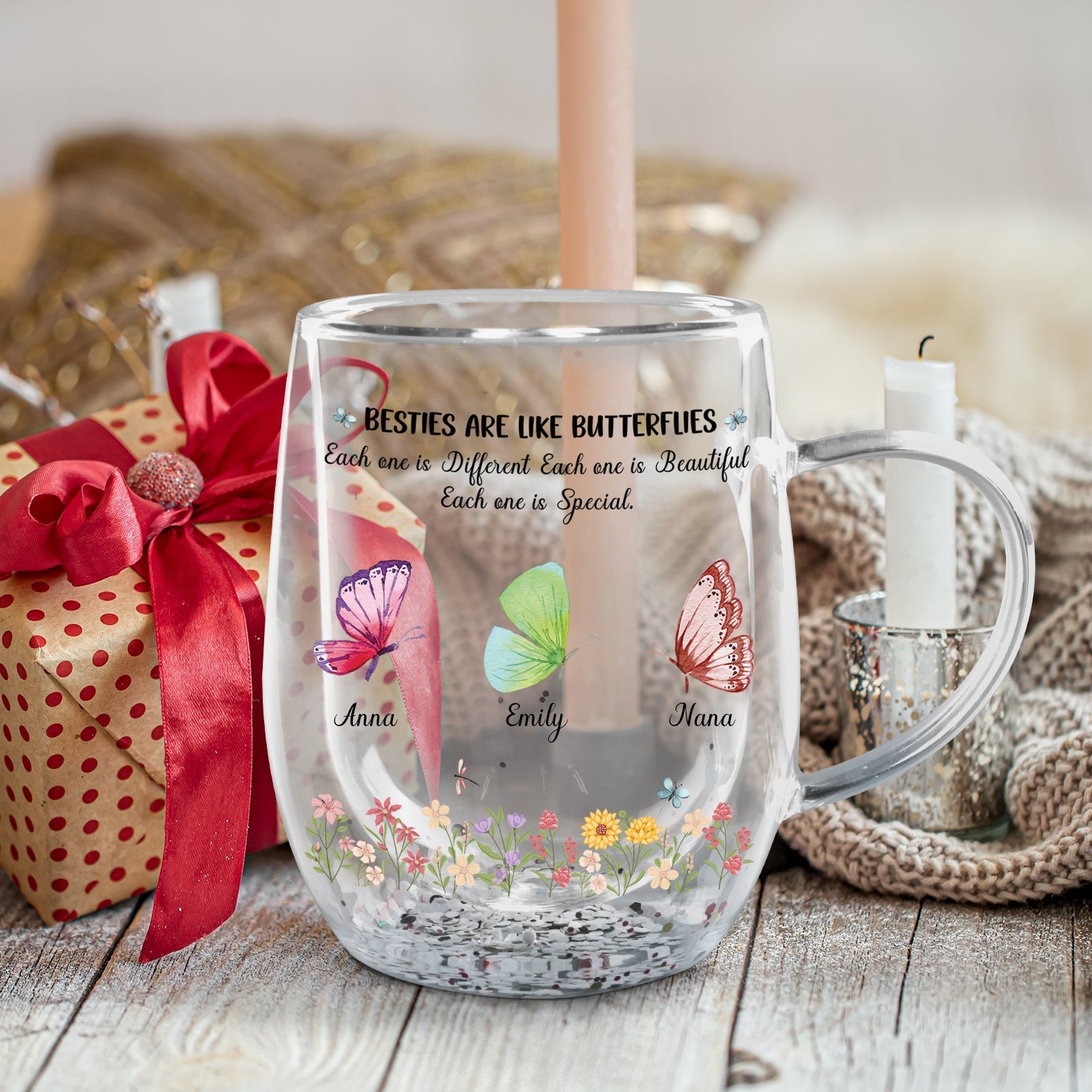 Besties - Sisters Are Like Butterflies - Personalized Flower Double Walled Glass