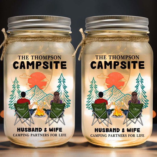 Couple - Husband & Wife Camping Partners For Life - Personalized Jar Night Light