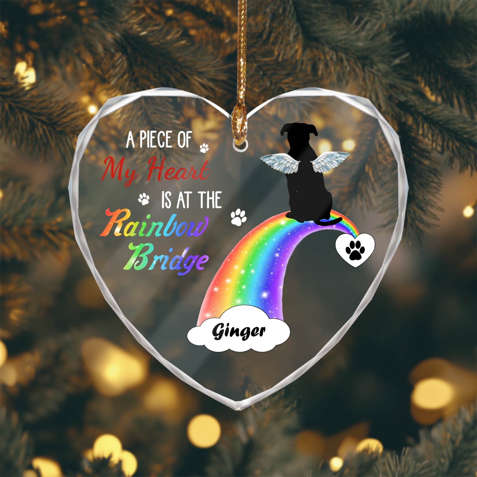 Pet Lover - A Piece Of My Heart Is At The Rainbow Bridge - Personalized Heart Shape Glass Ornament
